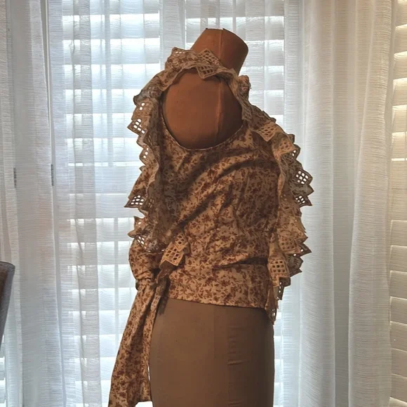 Anthropologie Trina Bow Blouse Floral Print Tie Back Yellow Beige Red Size Small - Picture 5 of 7